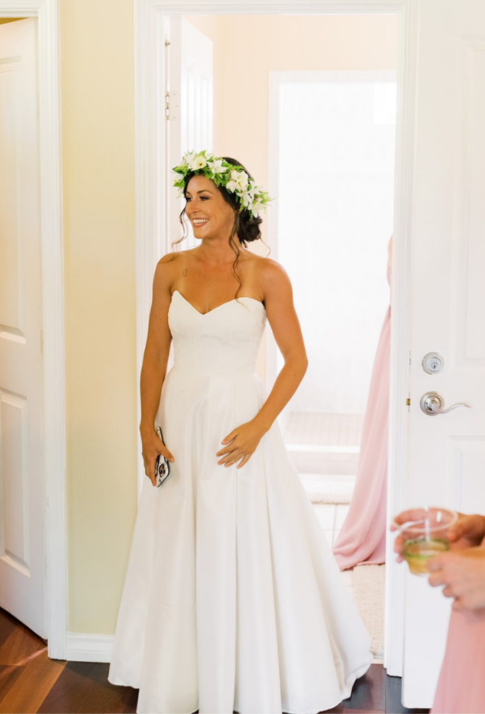 Bride in strapless dress with flower crown